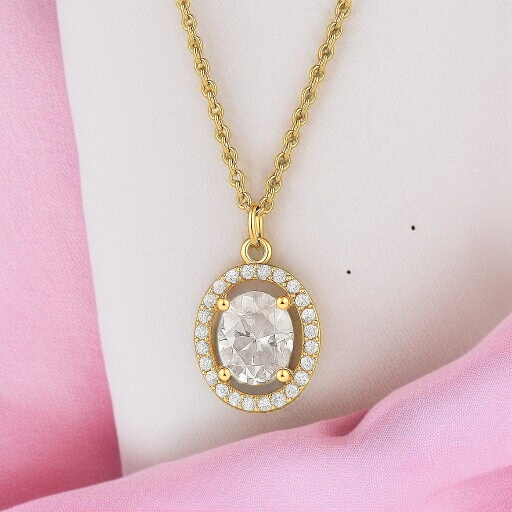 Nilu’s Collection Gold Plated Oval Pendant Necklace with Sparkling AD Stones For Women and Girls