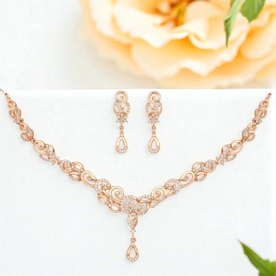 Nilu's Collection Rose Gold Plated Necklace set With American Diamond For Women And Girls | Office Wear | Anti-Tarnish | Gift For Her