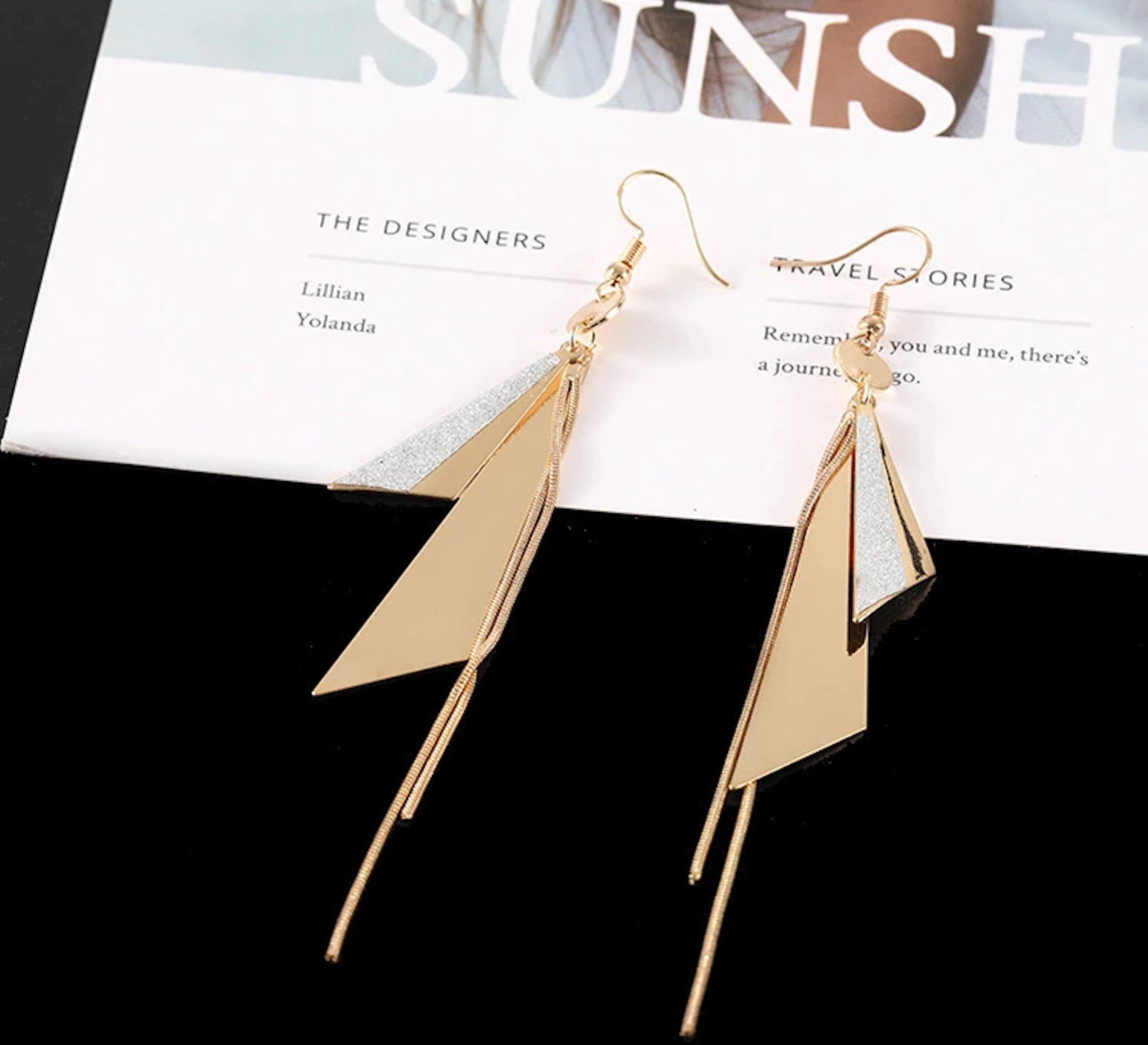 Gold Plated Geometric Triangle Long Tassel Drop Earrings for Women and Girls, Copper Triangular Drop Golden Danglers with Metal Chain (Combo)