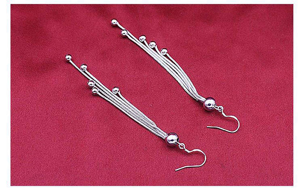 Nilu's Collection Silver Plated Long Five Beads Retro Earrings Flash Jewelry for Girls and Women Alloy Drops & Danglers