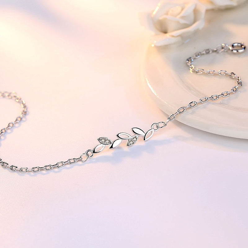 925 Sterling Silver Plated Adjustable Leaf Charm Crystal Bracelet for Women & Girls