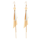 Gold Plated Geometric Triangle Long Tassel Drop Earrings for Women and Girls, Copper Triangular Drop Golden Danglers with Metal Chain