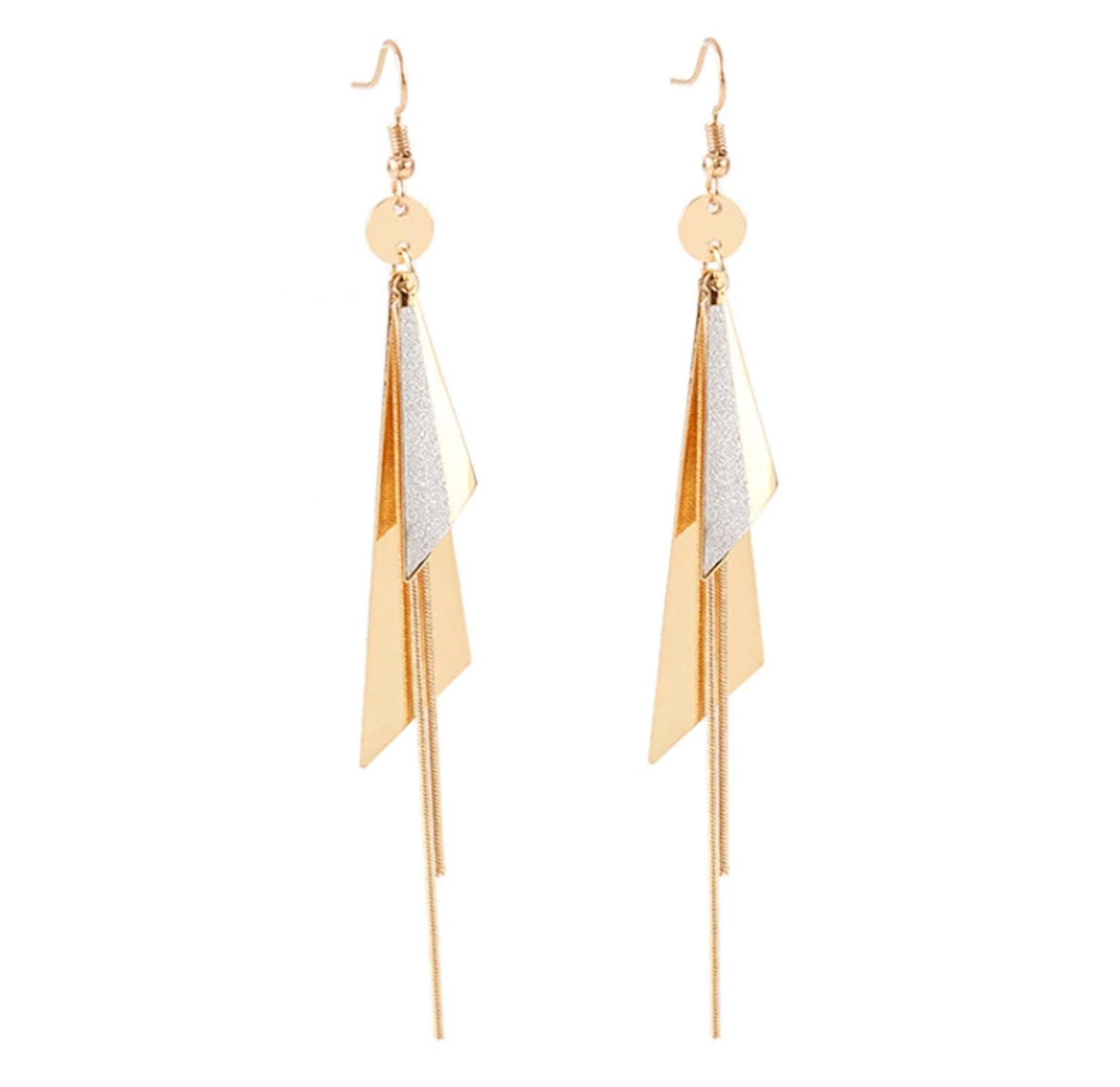 Gold Plated Geometric Triangle Long Tassel Drop Earrings for Women and Girls, Copper Triangular Drop Golden Danglers with Metal Chain