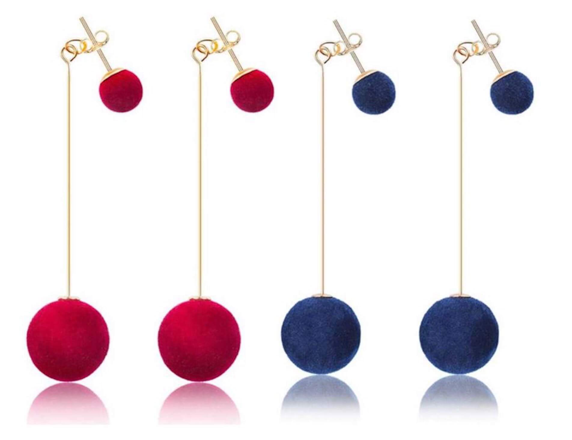 Nilu's Collection Combo of Red and Blue Plush Ball Drop Earring Velvet Round Earring for Women Copper Tassel Earring