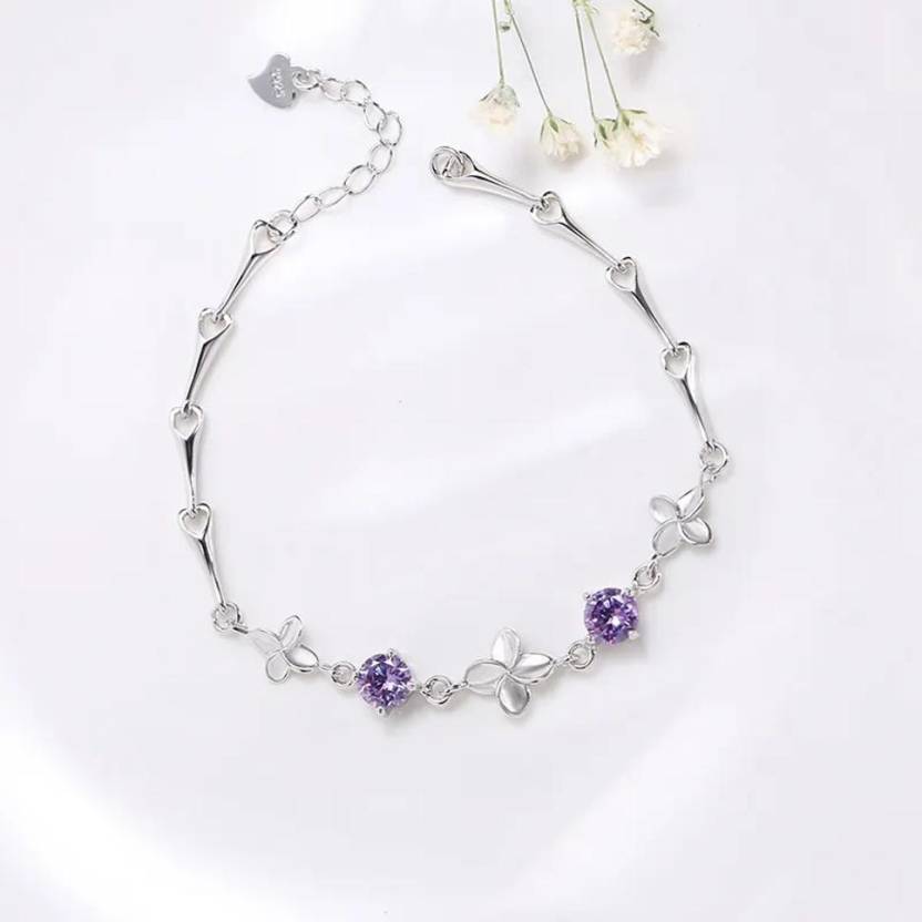 Latest Stylish Silver Plated Cubic Zirconia Clover Shaper Charm Bracelet for Women, Gifts for Girlfriend, Women & Girls (Purple)