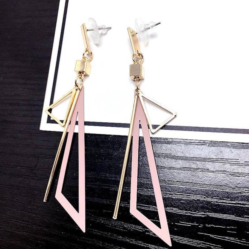 Hollow Triangle Long Earrings Geometric Drop Jewellery for Women and Girls (Pink & Gold) Alloy, Zinc Drops & Danglers
