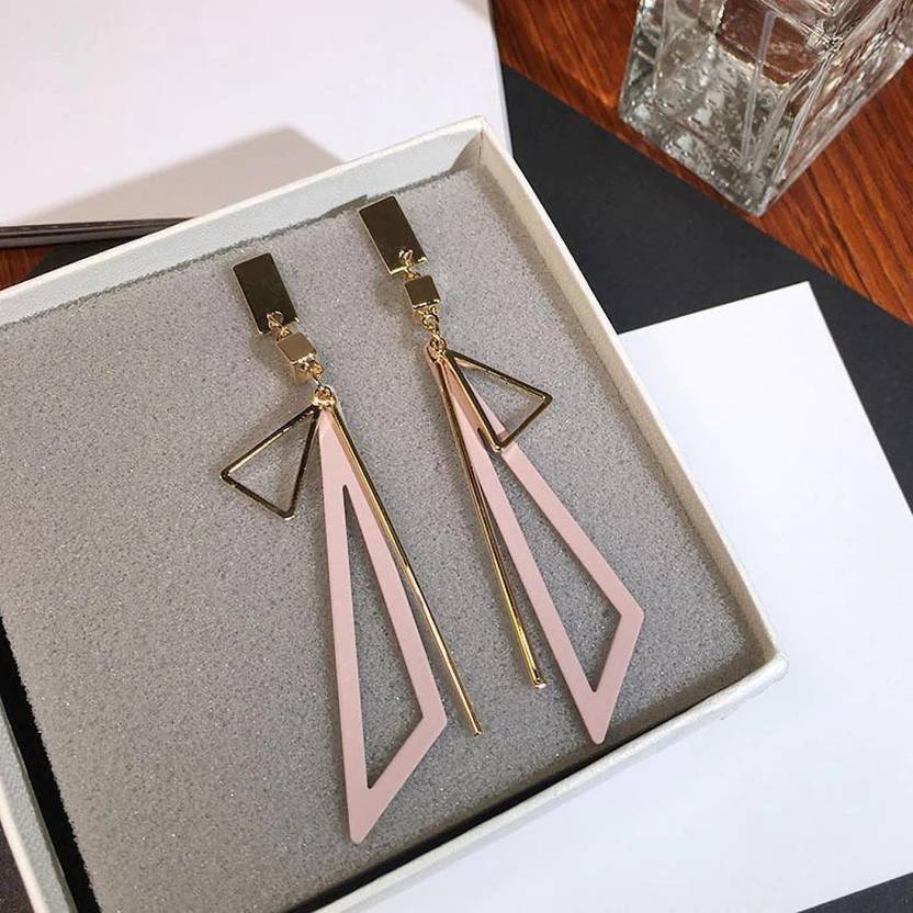Hollow Triangle Long Earrings Geometric Drop Jewellery for Women and Girls (Pink & Gold) Alloy, Zinc Drops & Danglers