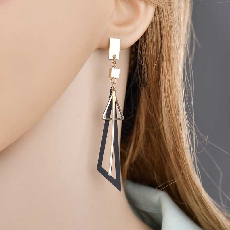 Hollow Triangle Black Geometric Long Drop Earrings for Women and Girls